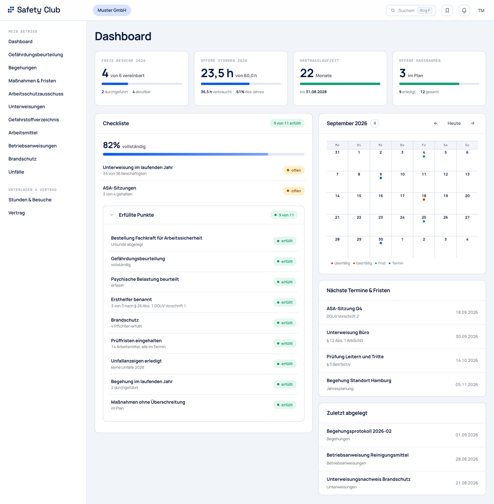 Screenshot des Safety Club Kundenportals mit Checkliste, Fristen und Terminen